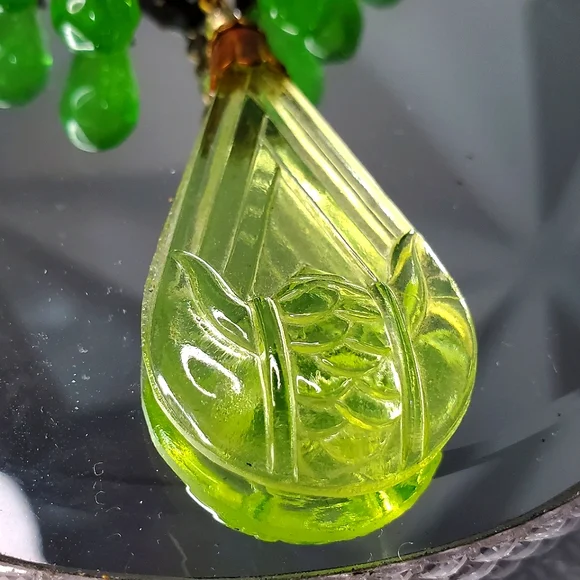 1 of a Kind Vintage CZECH Uranium Glass Boar Necklace 4 Luck - Picture 8 of 11